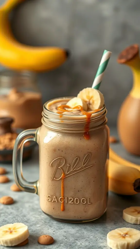 A delicious peanut butter banana smoothie in a mason jar with a straw, garnished with banana slices.