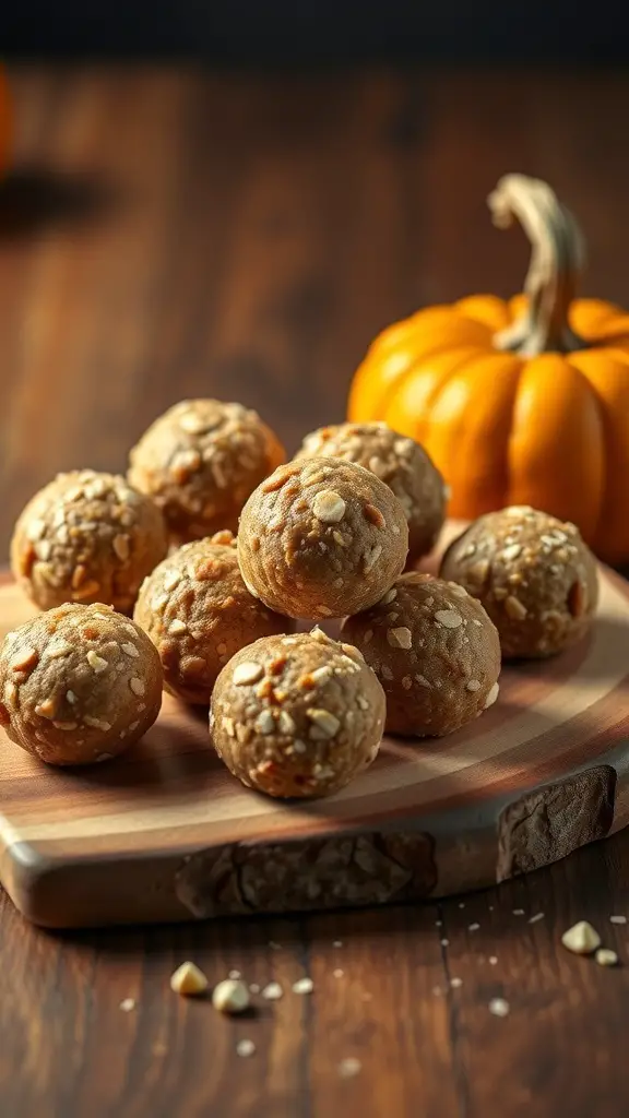 A wooden platter with pumpkin spice energy bites and a small pumpkin in the background.