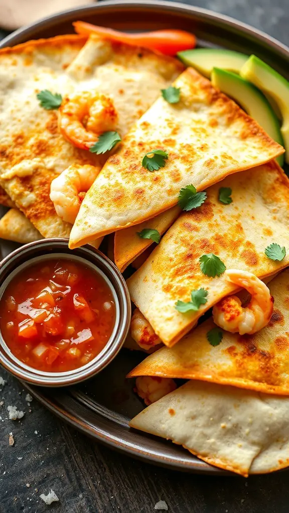 Shrimp quesadillas with cheese served with salsa and fresh veggies.