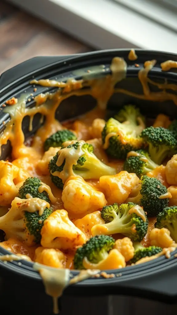 A close-up of a cheesy broccoli and cauliflower bake in a crockpot, featuring melted cheese and vibrant vegetables.