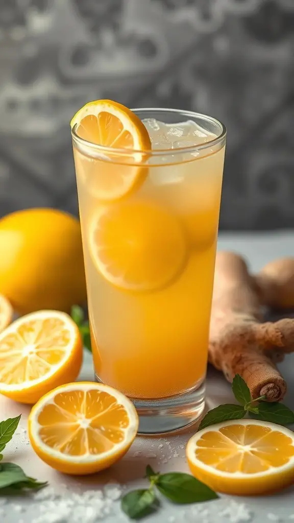 A refreshing glass of ginger lemonade with lemon slices and ginger root.