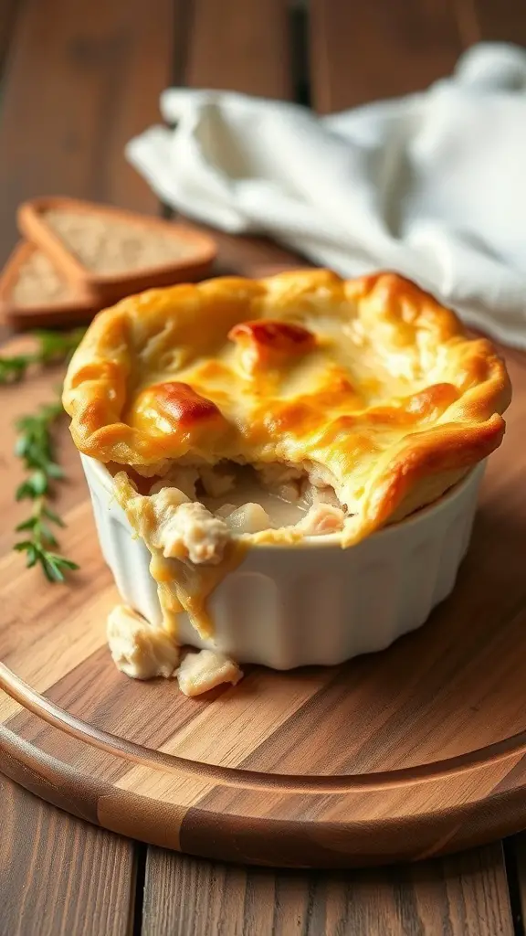 A delicious chicken pot pie with a golden crust and creamy filling, served in a white dish on a wooden board.