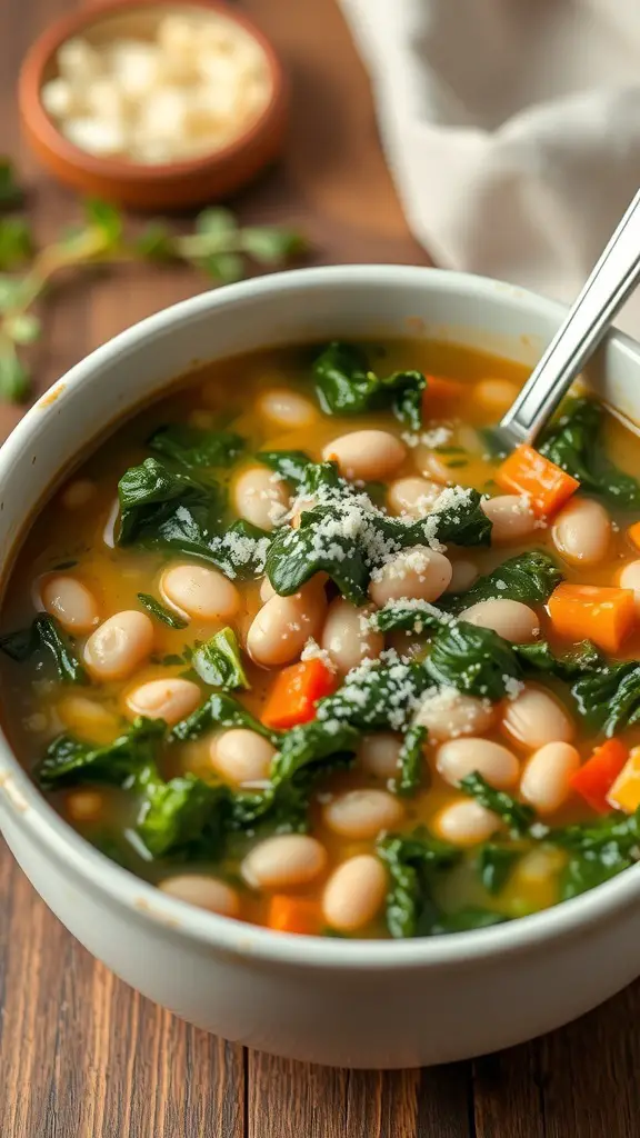 A bowl of Tuscan White Bean and Kale Soup with white beans, kale, and carrots, topped with parmesan cheese.