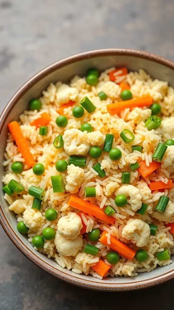 A bowl of colorful cauliflower fried rice with peas, carrots, and green onions.