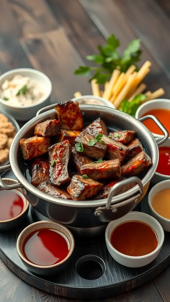 A pot of teriyaki marinade steak fondue with assorted dipping sauces and vegetables.