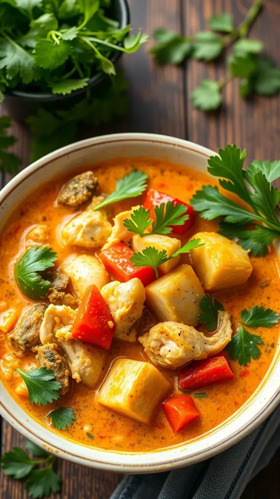 A bowl of spicy Thai coconut curry with chicken, red bell peppers, and fresh cilantro.