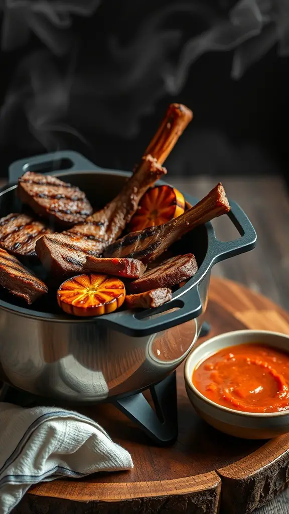 A pot of smoky chipotle steak fondue with grilled steak and orange slices, accompanied by a dipping sauce.