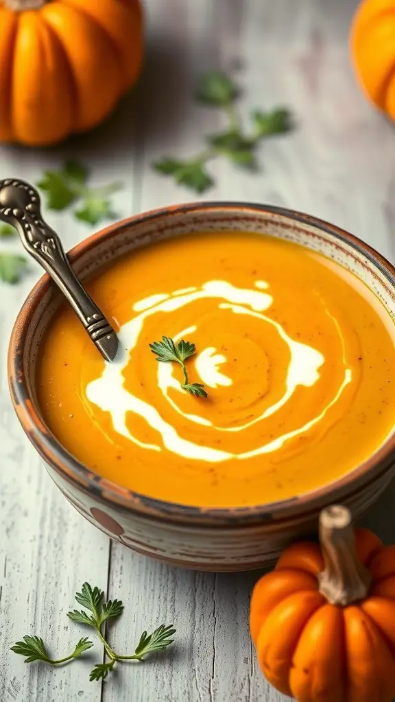 A bowl of curried pumpkin soup with a swirl of cream and fresh herbs, surrounded by small pumpkins.