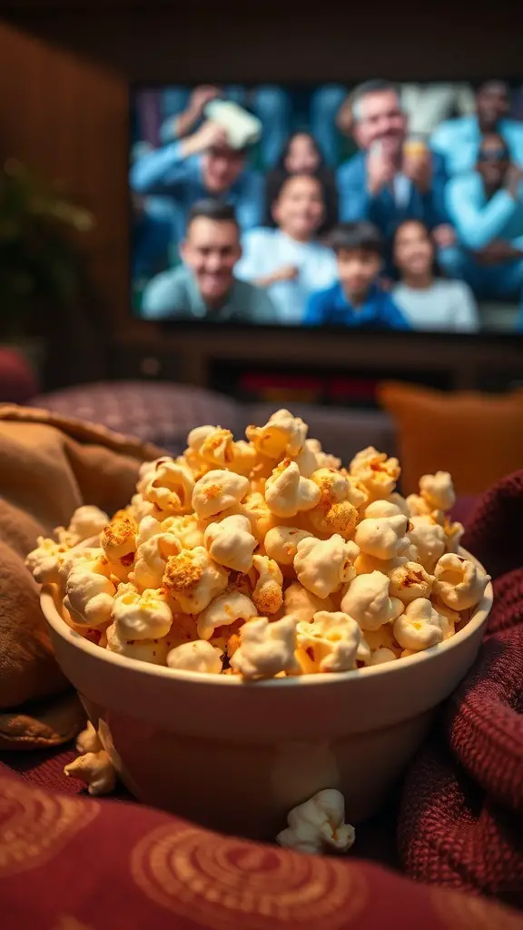 A bowl of popcorn topped with nutritional yeast, with a cozy setting and a TV in the background.