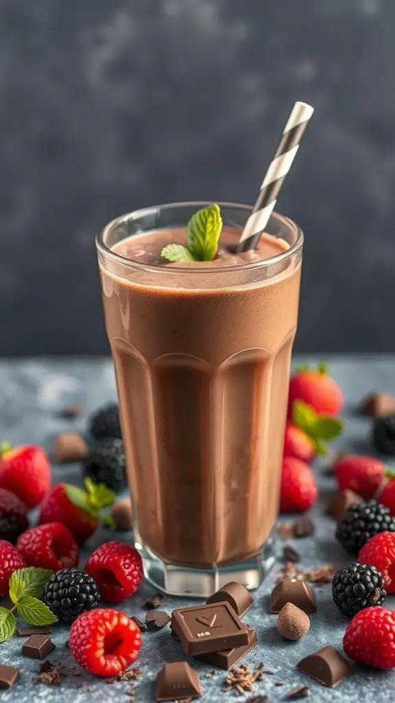A chocolate berry protein smoothie in a glass with a mint garnish, surrounded by fresh berries and chocolate pieces.