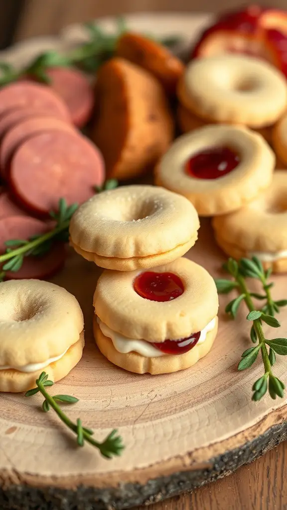 A close-up of miniature cookie sandwiches with cream filling and jam, arranged on a wooden platter with other cookies.