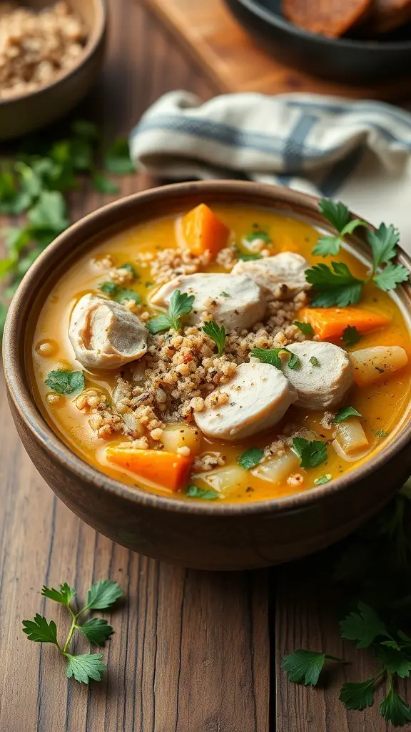A bowl of chicken and quinoa soup with vegetables and herbs