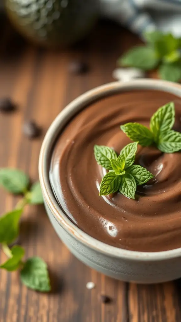 A bowl of creamy avocado chocolate pudding topped with mint leaves