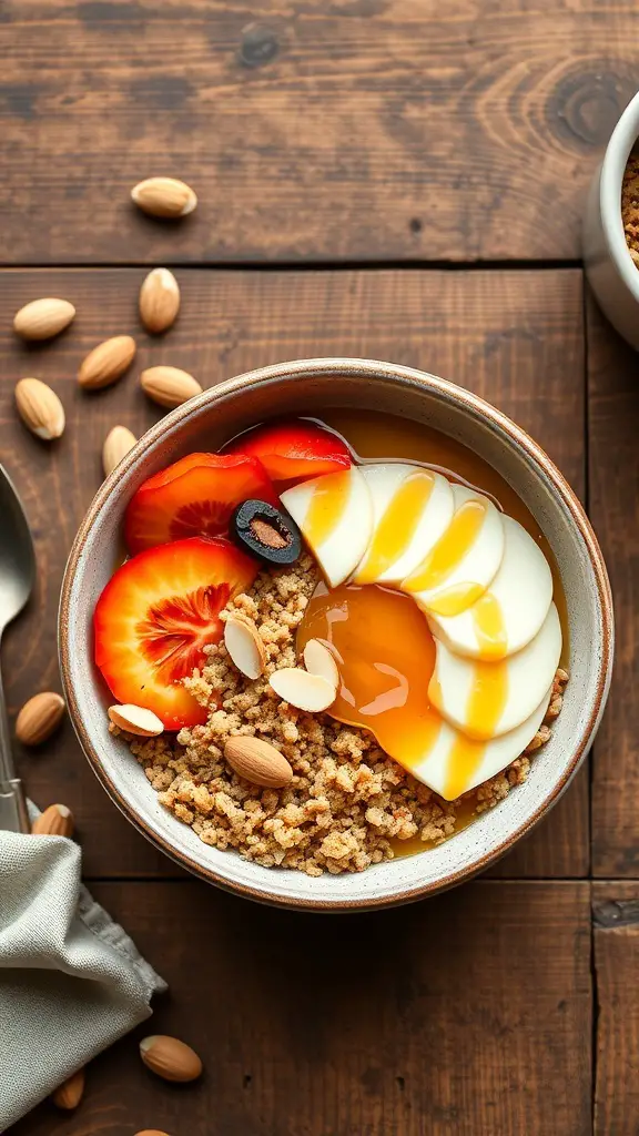 A quinoa breakfast bowl topped with strawberries, banana slices, almonds, and a drizzle of honey.