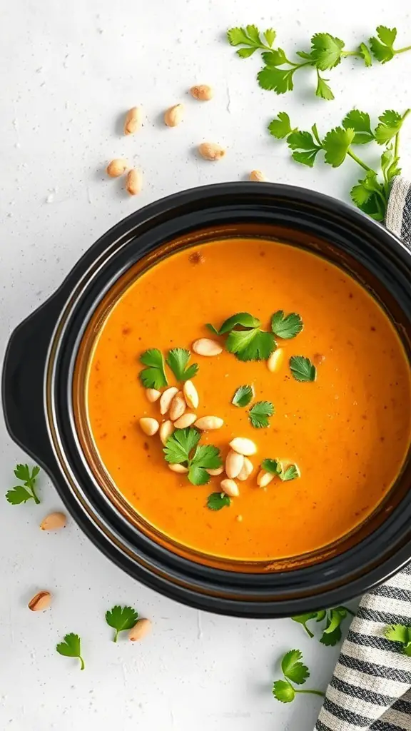 A bowl of Thai Peanut Sweet Potato Soup garnished with cilantro and peanuts, surrounded by fresh herbs.
