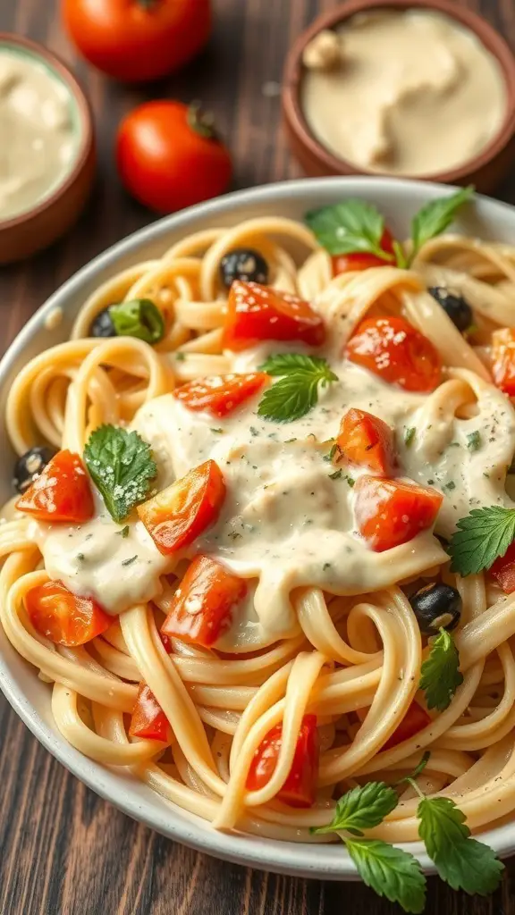 A bowl of Vegetable Fettuccine Alfredo topped with cherry tomatoes and herbs