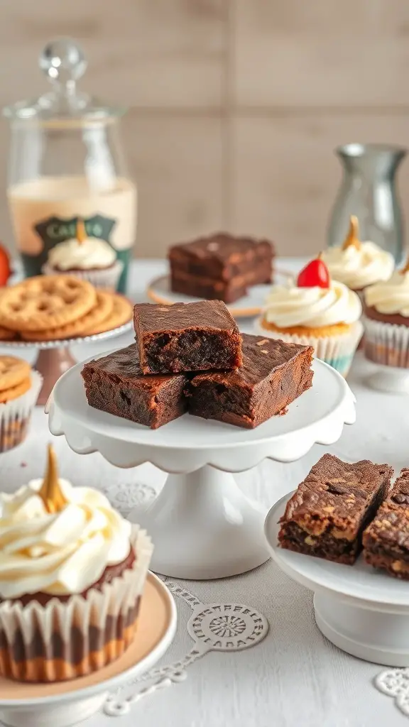 A variety of desserts including brownies, cupcakes, and cookies displayed on a table.