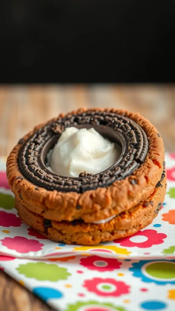 Oreo ice cream sandwich with two cookies and ice cream filling