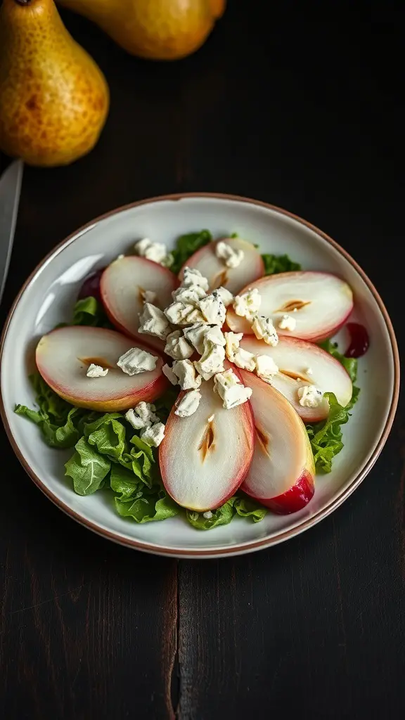 A plate of endive and pear salad topped with blue cheese, with pears in the background.
