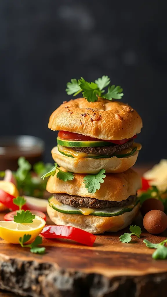 A stack of three miniature vegan sliders with fresh vegetables and herbs on a wooden board.