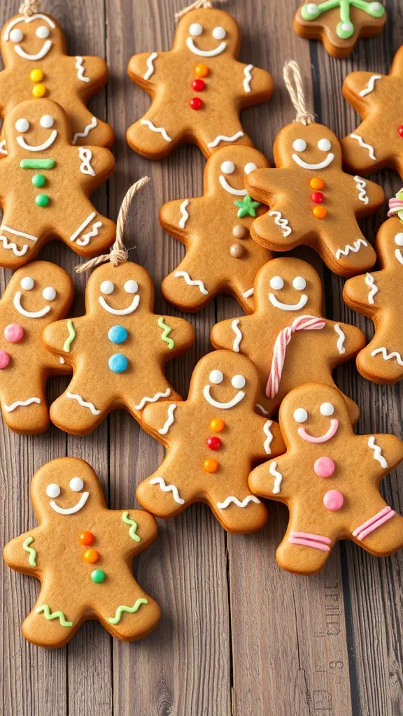 An assortment of decorated gingerbread men cookies on a wooden surface.