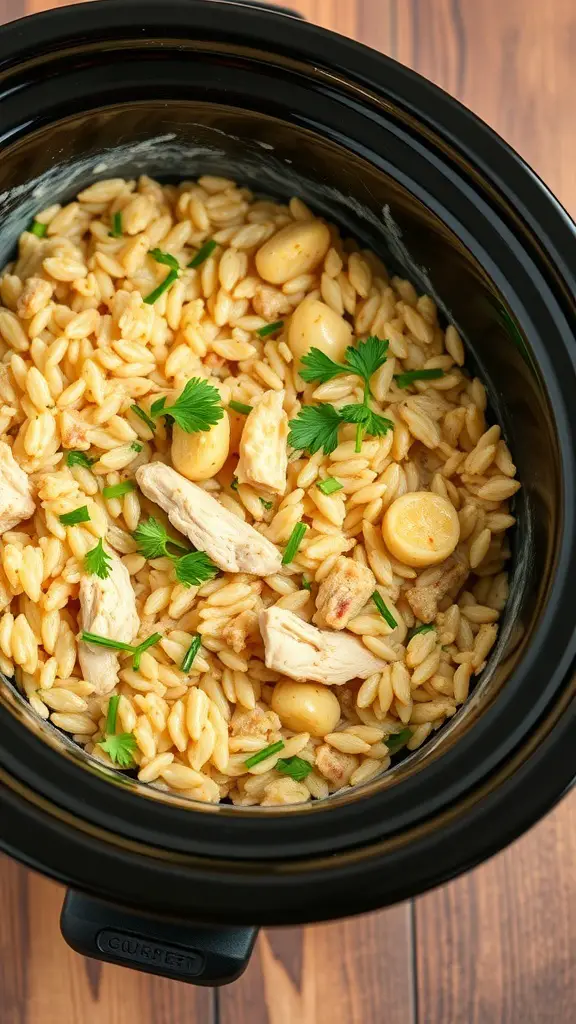 A creamy chicken and wild rice casserole in a crockpot, featuring orzo, chicken pieces, and garnished with fresh herbs.