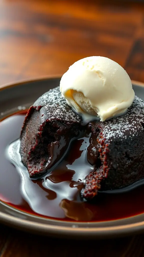 Chocolate lava cake with molten center and vanilla ice cream on top