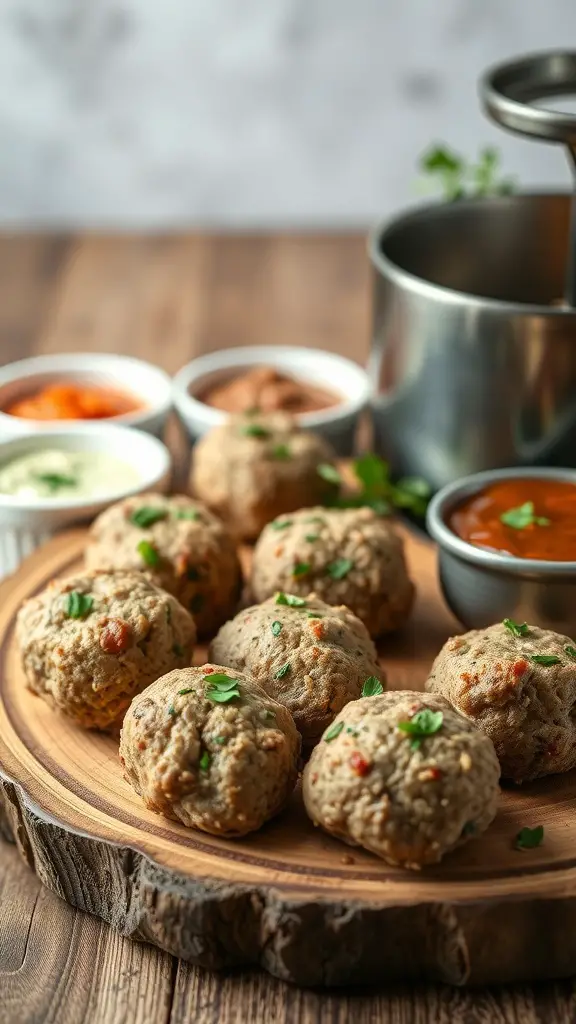 A wooden platter with herb-crusted beef fondue bites and dipping sauces