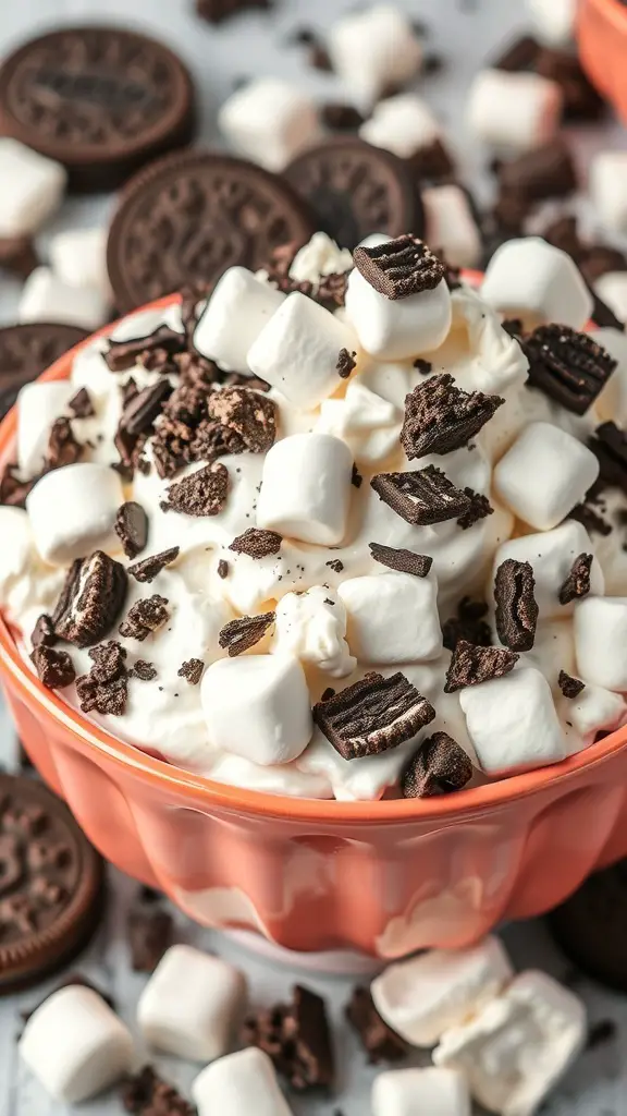 A bowl of Oreo Fluff Salad topped with mini marshmallows and crushed Oreo cookies