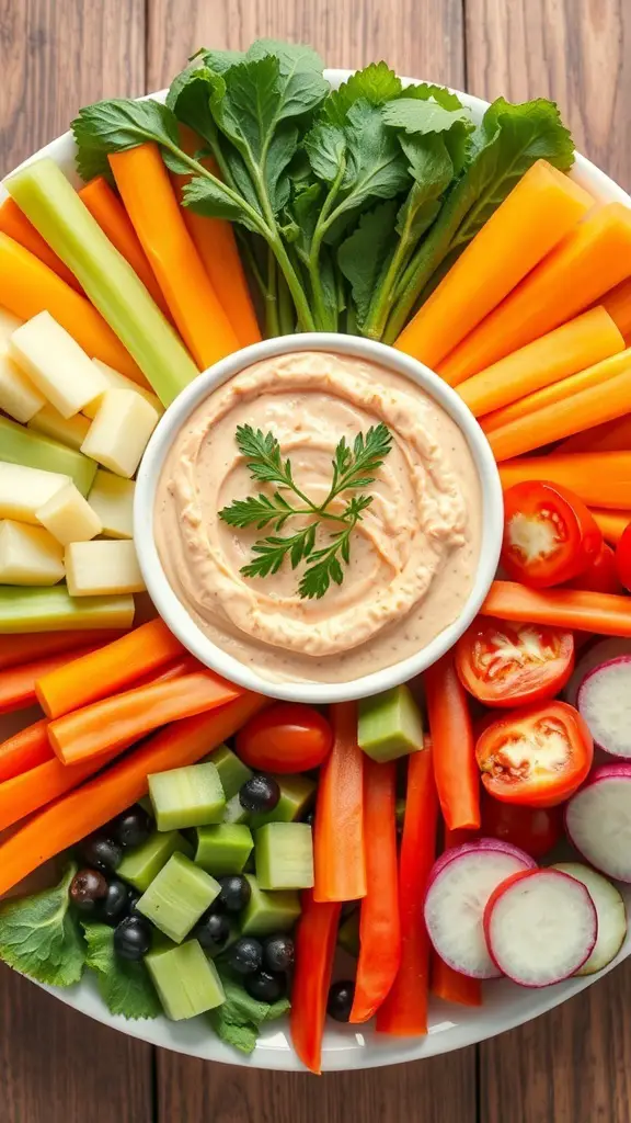 A colorful vegetable tray with a variety of fresh vegetables and a bowl of homemade dip in the center.