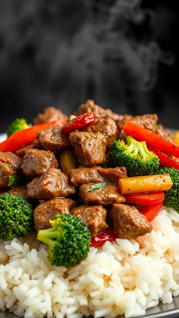 A delicious beef stir-fry with broccoli and colorful bell peppers served over rice.