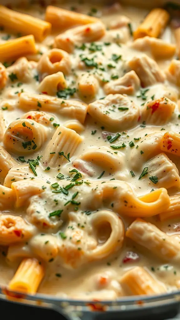 A close-up of Chicken Alfredo Pasta Bake with pasta, creamy sauce, and herbs