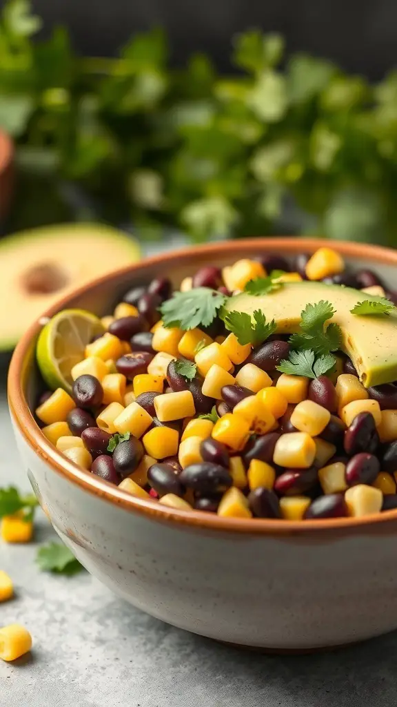 A bowl of Southwestern Black Bean Salad with black beans, corn, and fresh cilantro.
