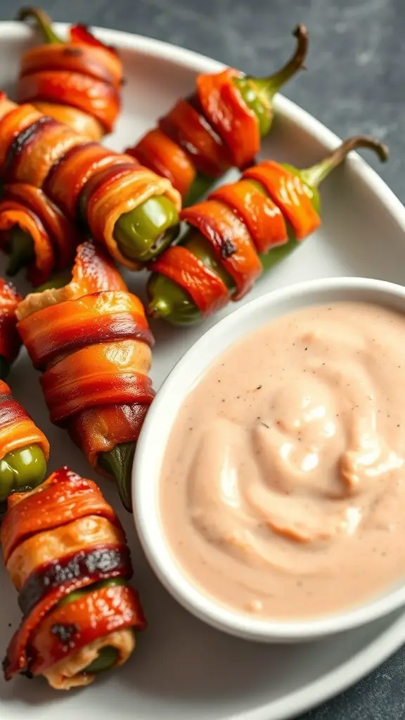 A plate of bacon-wrapped jalapeño poppers served with a dipping sauce.