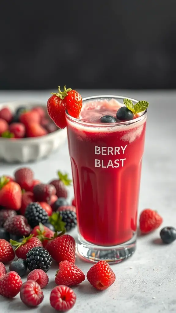 A glass of Berry Blast Juice with fresh berries around it.