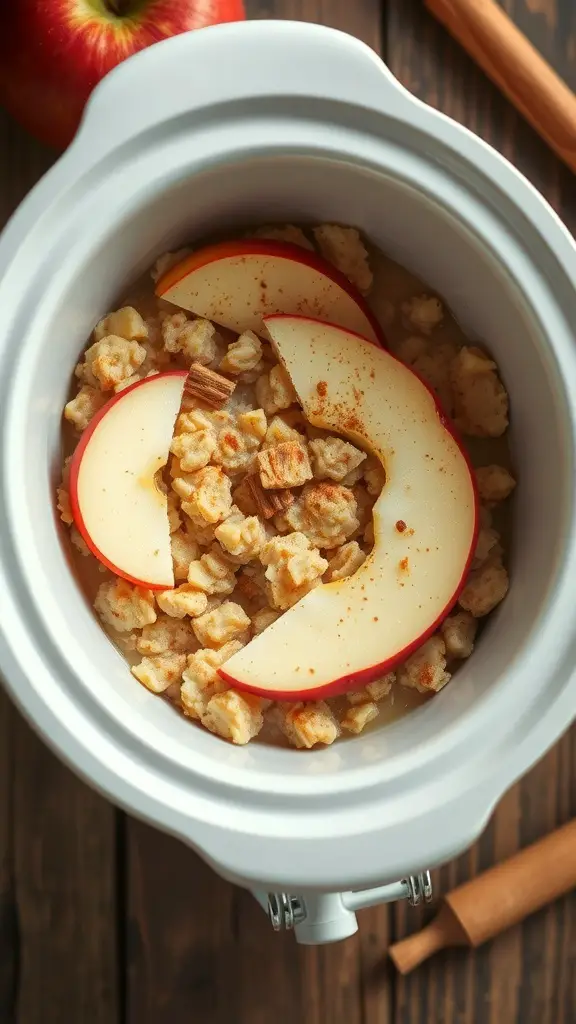 Crockpot filled with apple cinnamon oatmeal topped with apple slices and cinnamon