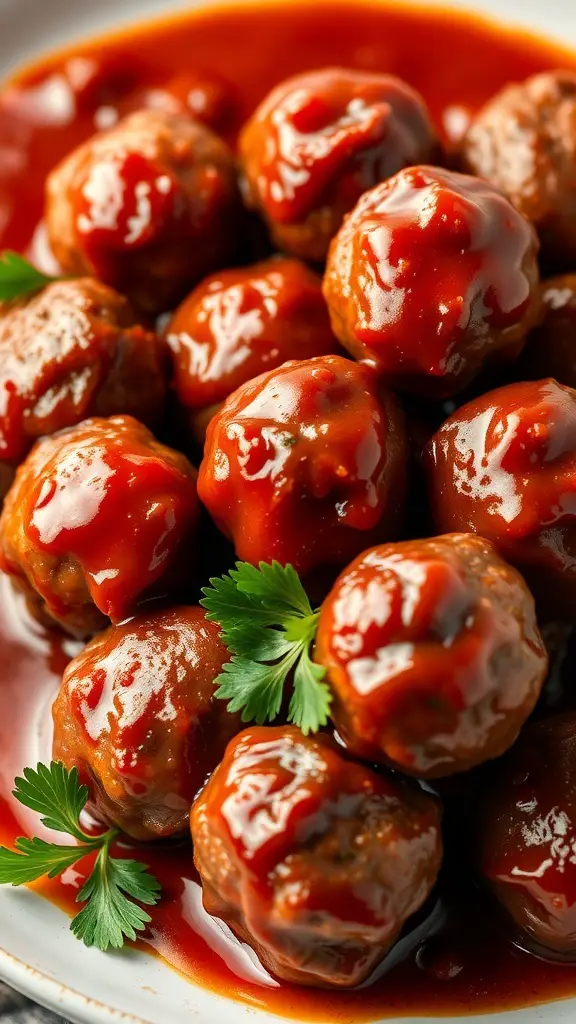 A plate of zesty BBQ meatballs coated in sauce, garnished with parsley.