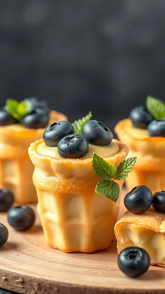 Lemon blueberry puff pastry cups topped with fresh blueberries and mint leaves
