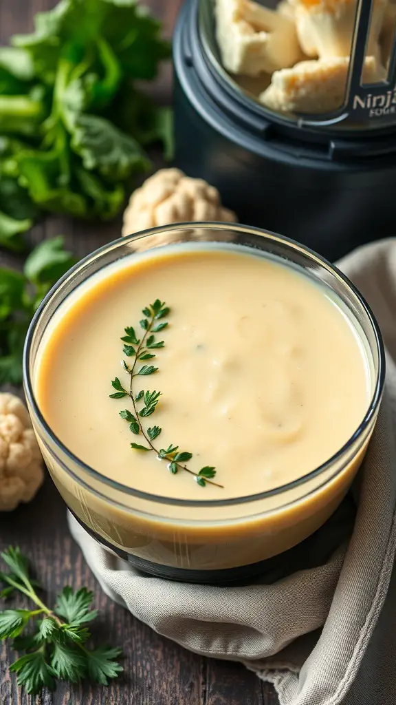 A bowl of creamy cauliflower soup topped with herbs, with a Ninja blender in the background.
