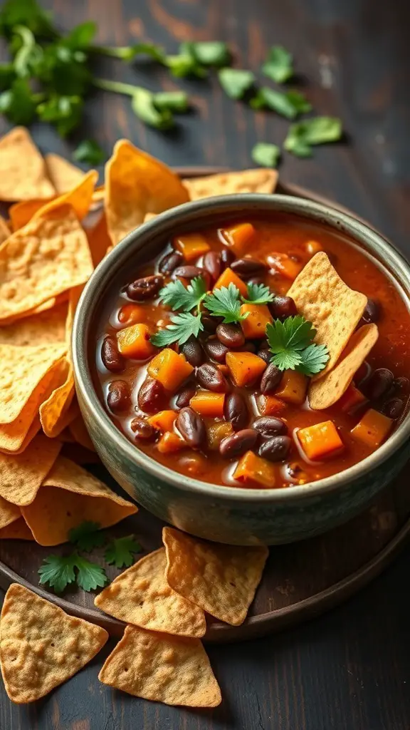 A bowl of Sweet Potato and Black Bean Chili with tortilla chips on the side.
