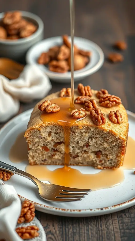 A slice of maple walnut cake with syrup drizzling over it, garnished with walnuts.