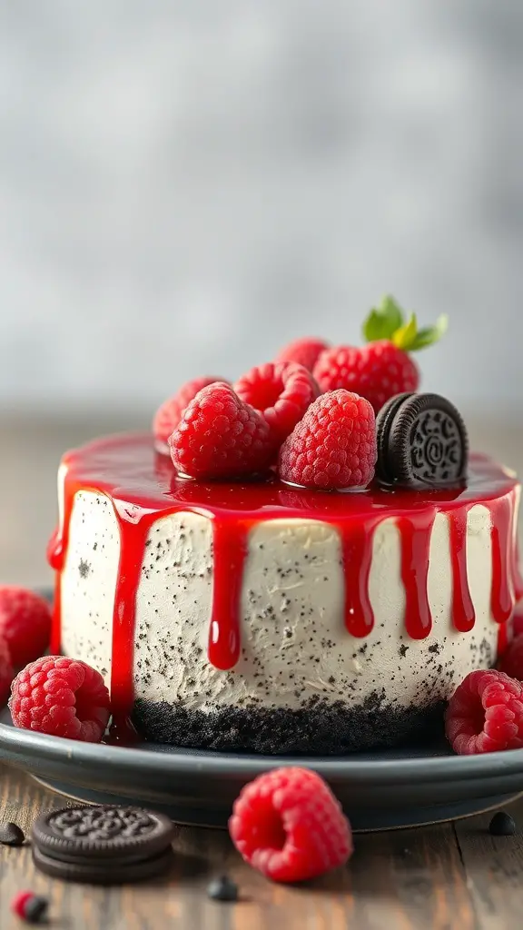 A delicious Raspberry Oreo Cheesecake topped with fresh raspberries and raspberry sauce.