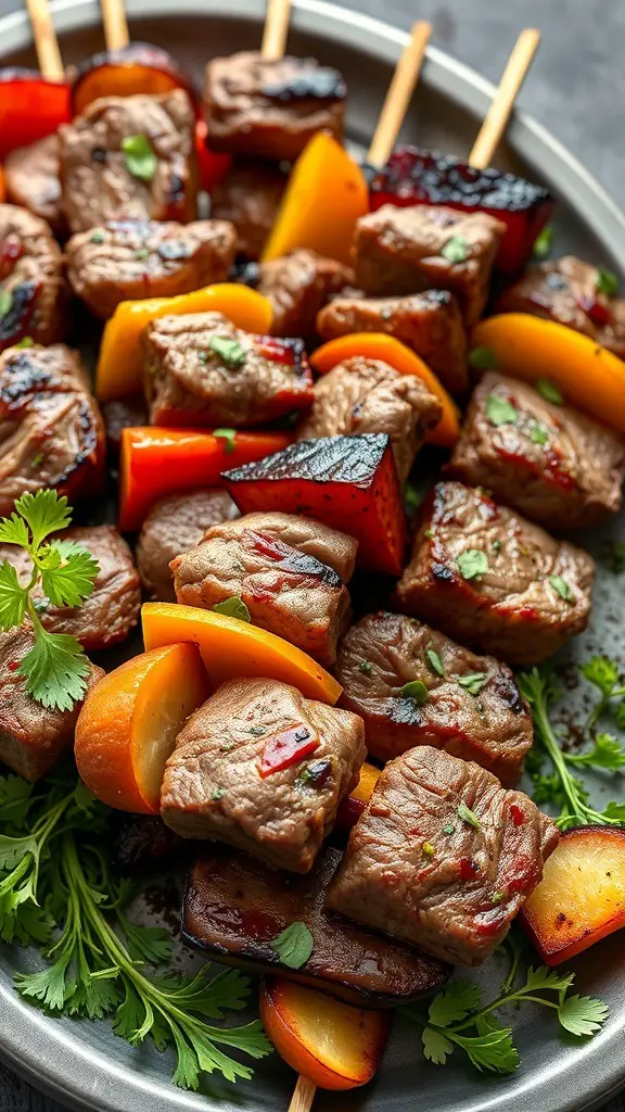 A platter of beef and vegetable skewers with vibrant colors and garnished with herbs.