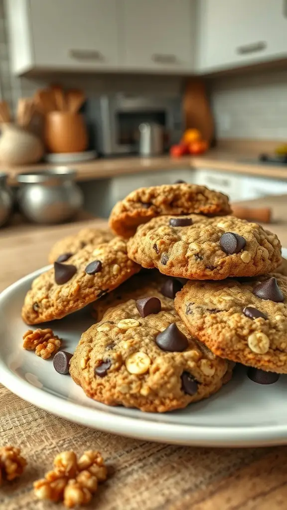 A plate of banana oatmeal cookies with chocolate chips, set in a cozy kitchen.