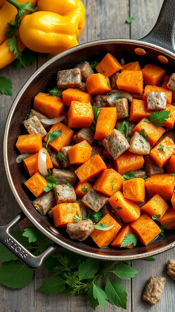 A skillet filled with savory sweet potato hash, featuring diced sweet potatoes, sausage, and fresh herbs.