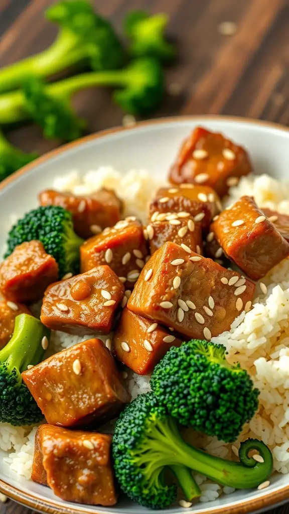 A plate of beef and broccoli stir-fry served over rice, garnished with sesame seeds.