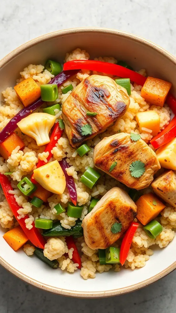 A bowl of cauliflower rice stir-fry with grilled chicken and colorful vegetables.