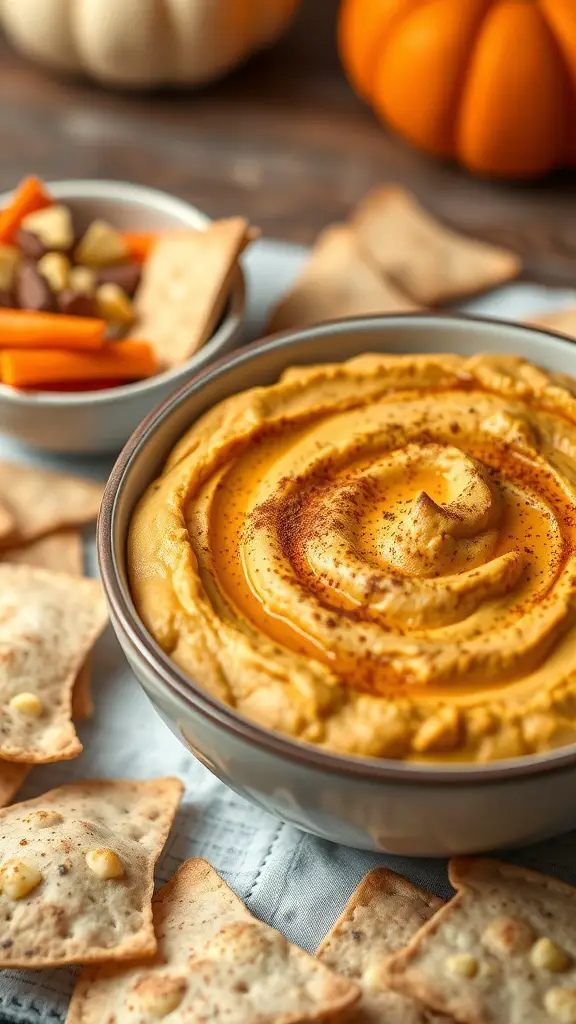 A bowl of pumpkin spice hummus with pita chips and veggies on the side, set against a backdrop of pumpkins.
