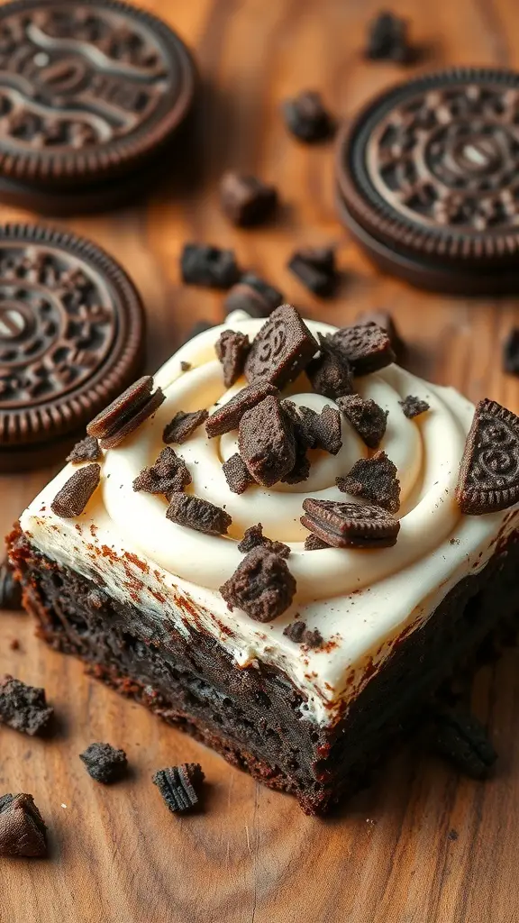 A close-up of a brownie topped with cream cheese frosting and crushed Oreo cookies, with whole Oreos in the background.