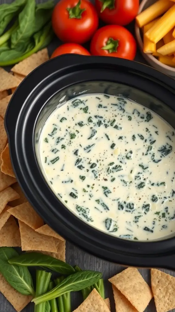 A slow cooker filled with creamy spinach and artichoke dip, surrounded by fresh tomatoes, spinach, and crackers.
